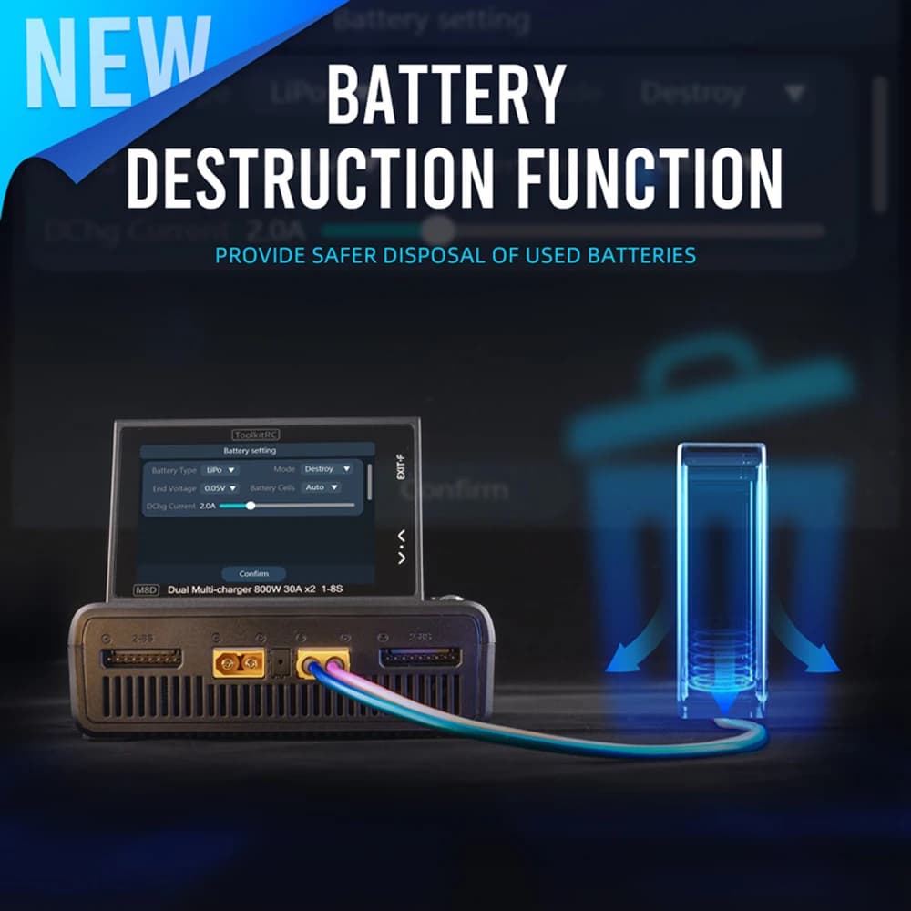 ToolkitRC M8D Smart Charger 2CH Touch Screen Dual Channel DC800W*2 30A 1-8S Lithium Battery Fast Charge RC Model Car FPV 4