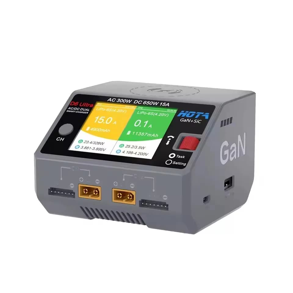 HOTA D6 Ultra AC 300W DC 650W Dual Channel Charger with GaN+SiC for 1-6S Lipo LiHV Li-ion NiMH Battery XT60 5