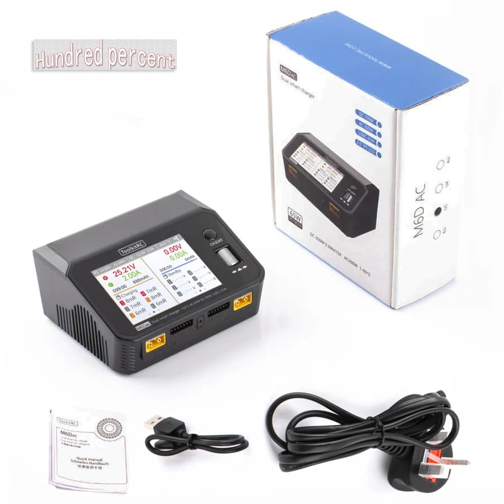 ToolkitRC M6dac Dual Channel Smart Lipo Battery Charger Discharger AC 200W DC 350WX2 15A for 1-6S LiHV Lipo Battery PD 65W 6