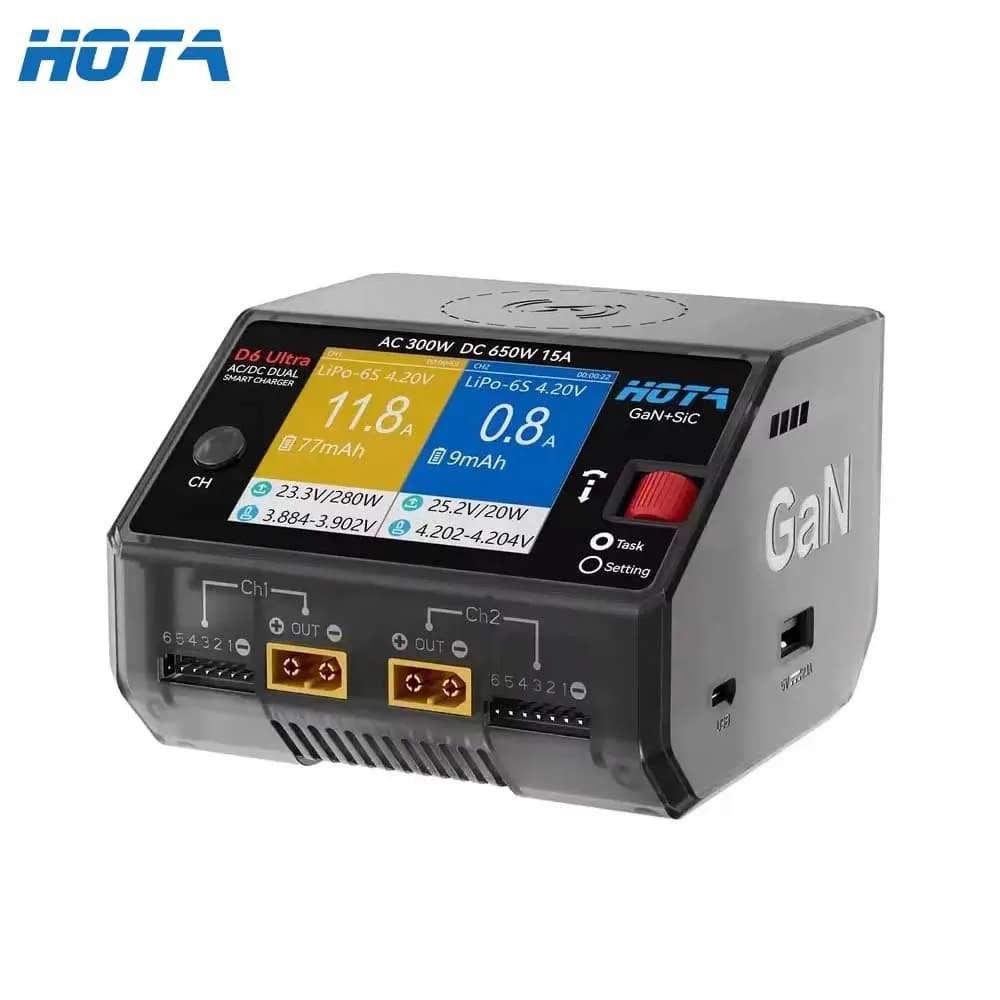 HOTA D6 Ultra AC 300W GaN+SiC DC 650W ‌Dual Channel Charger FPV Charging For 1-6S Lipo LiHV/NiZn/Nicd/NiMH Battery Drones XT60