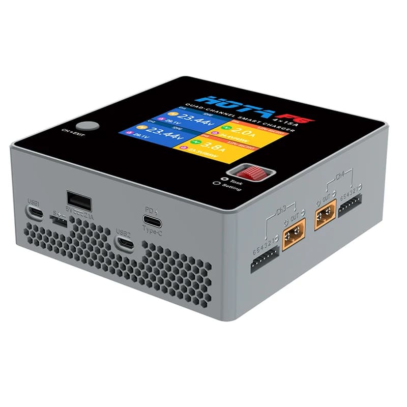 HOTA F6 Four Channel Smart Charger DC1000W 4*15A for Lipo LiIon NiMH Lipo Remote Control Model Balance Charger USB Type-C 4