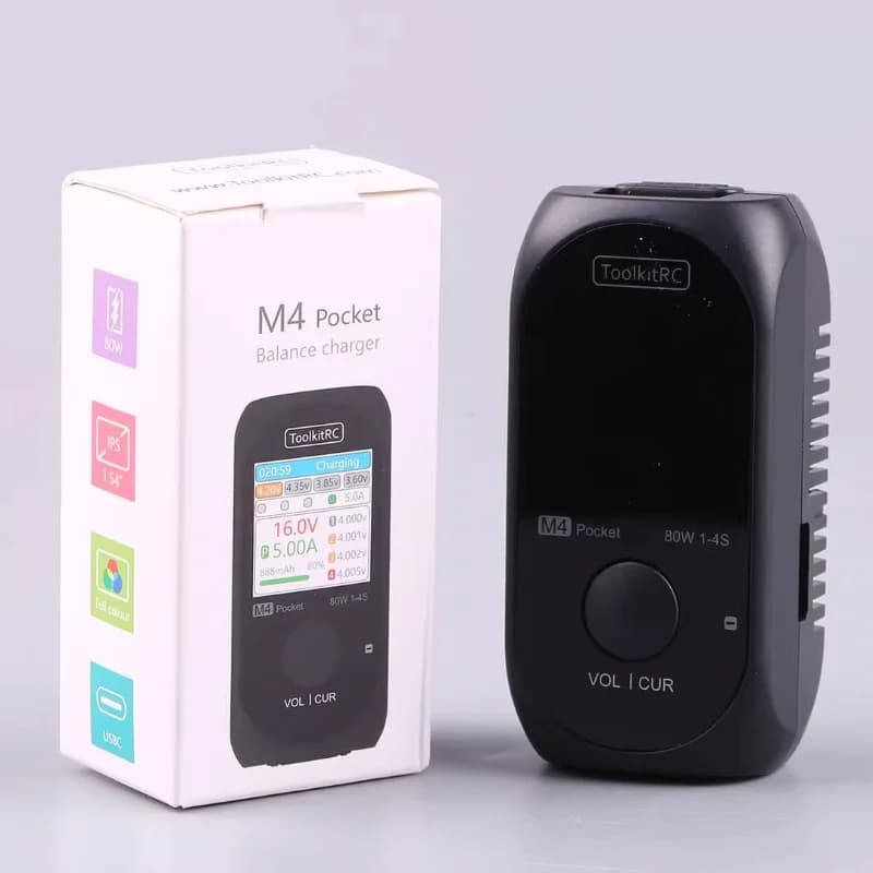 ToolkitRC M4Pocket 1-4S Lipo LiHV LiFe Lion Battery Charger 80W 5A Smart Balance Charger input USB-C XT30 XT60 Output 2