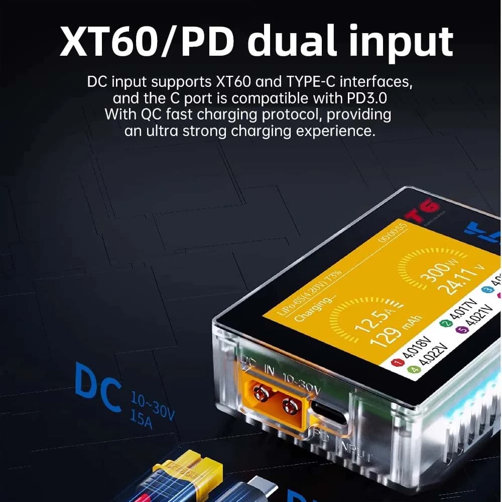 HOTA T6 Smart Charger  DC/PD Dual Input 300W 2.4IPS Supports XT60 and TYPE-C Interfaces Compatible  PD3.0 FPV RC Battery Charger 3