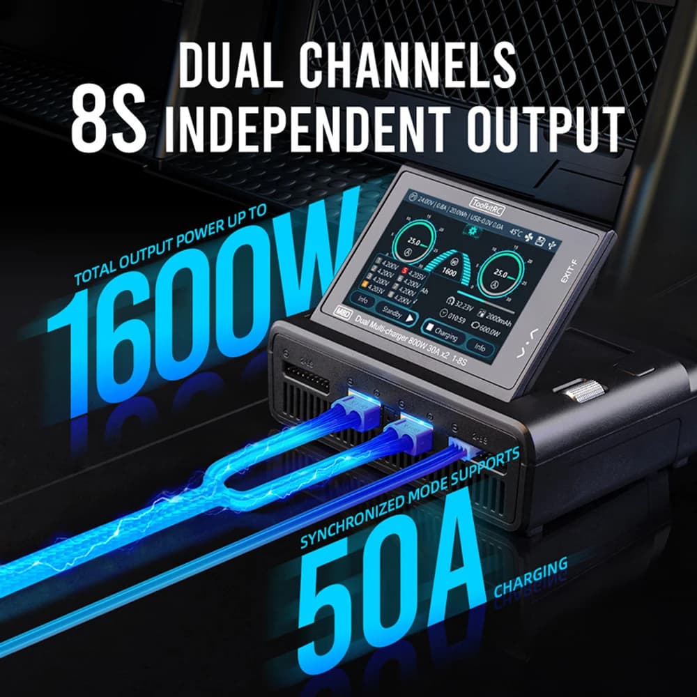 ToolkitRC M8D Smart Charger 2CH Touch Screen Dual Channel DC800W*2 30A 1-8S Lithium Battery Fast Charge RC Model Car FPV 6