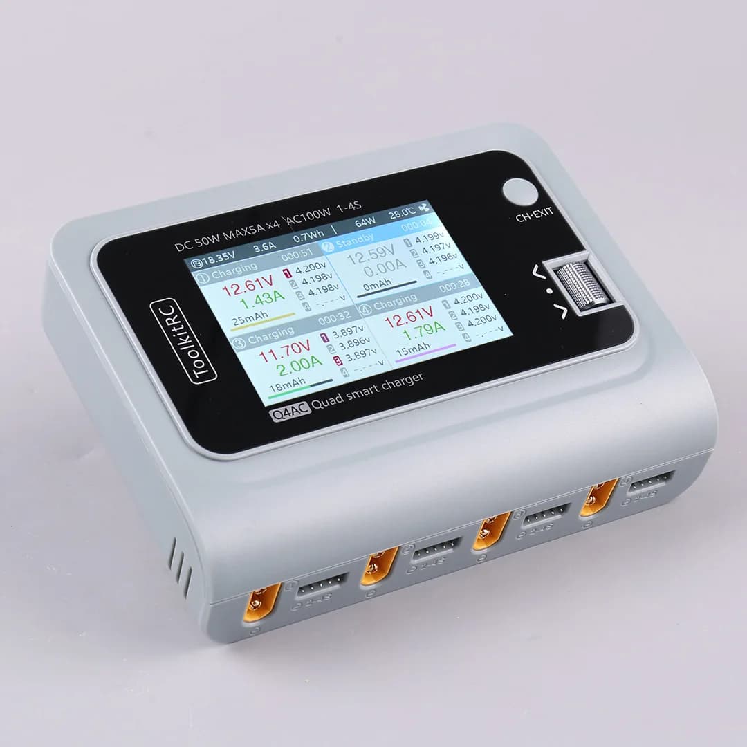 ToolkitRC Q4AC 3S Lipo Battery Charger for RC Car with XT60 XT30 Adapters 4-Port DC Smart Discharger 4x50W 5A AC 100W 3