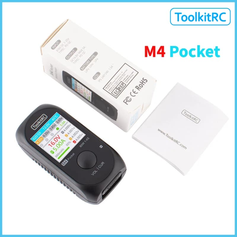 ToolkitRC M4Pocket 80W 5A MINI Smart Balance Charger input USB-C XT30 XT60 Output For 1-4S Lipo LiHv LiFe Battery