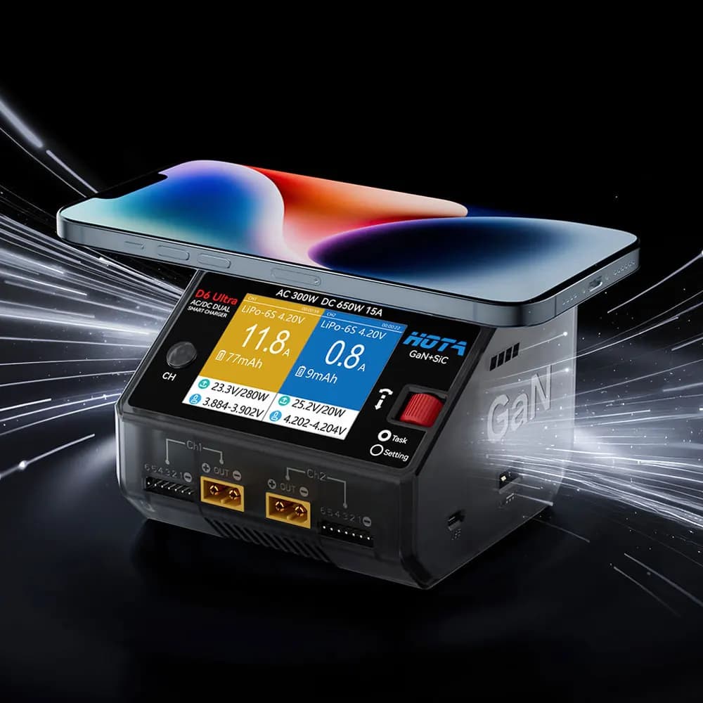 HOTA D6 Ultra AC 300W DC 650W Dual Channel Charger with GaN+SiC for 1-6S Lipo LiHV Li-ion NiMH Battery XT60 3