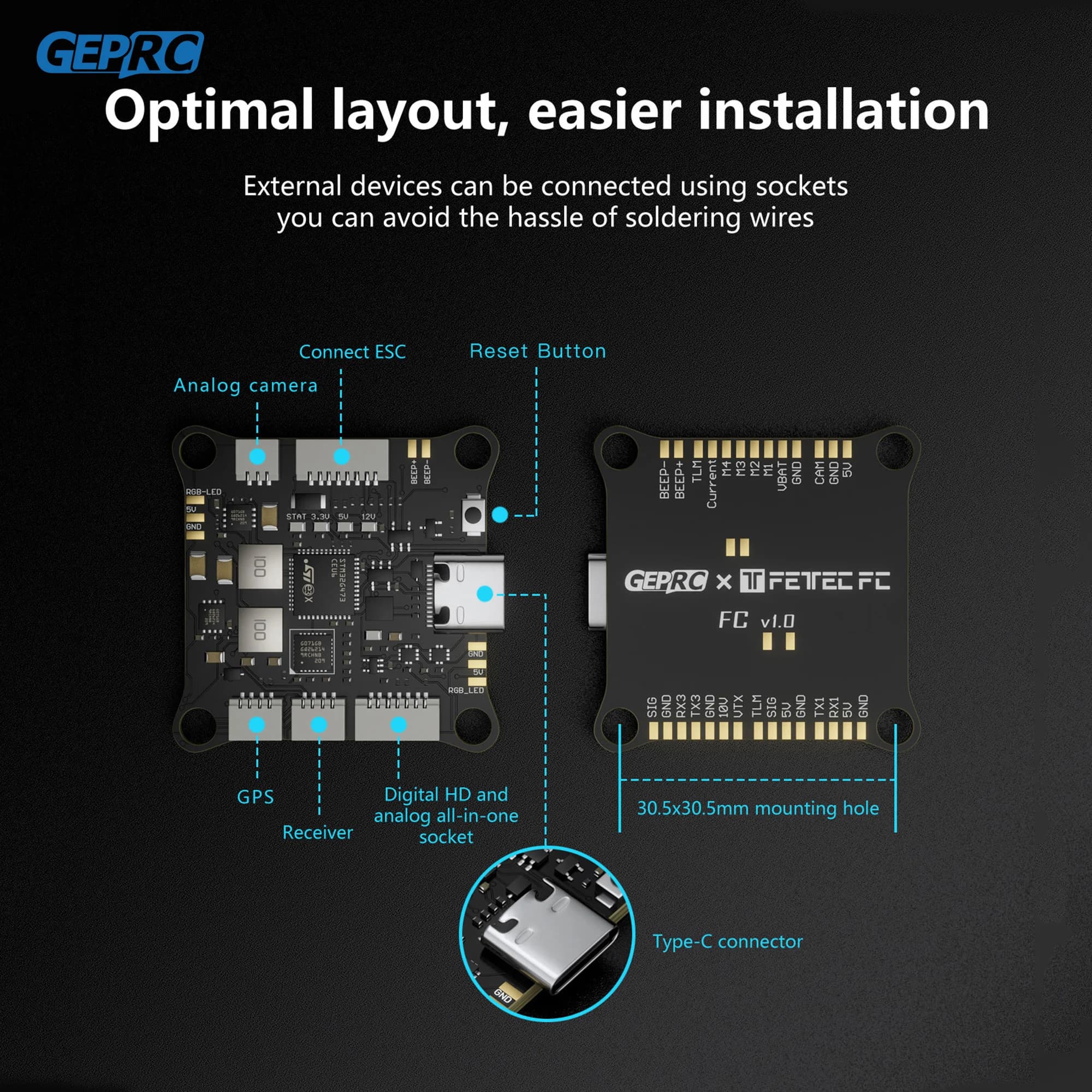 GEPRC Fettec G4 Alpha GF50A FPV Stack G473 Flight Controller FETTEC S2M Dshot2400 GF50A 4IN1 ESC for FPV Freestyle Drone Model 3