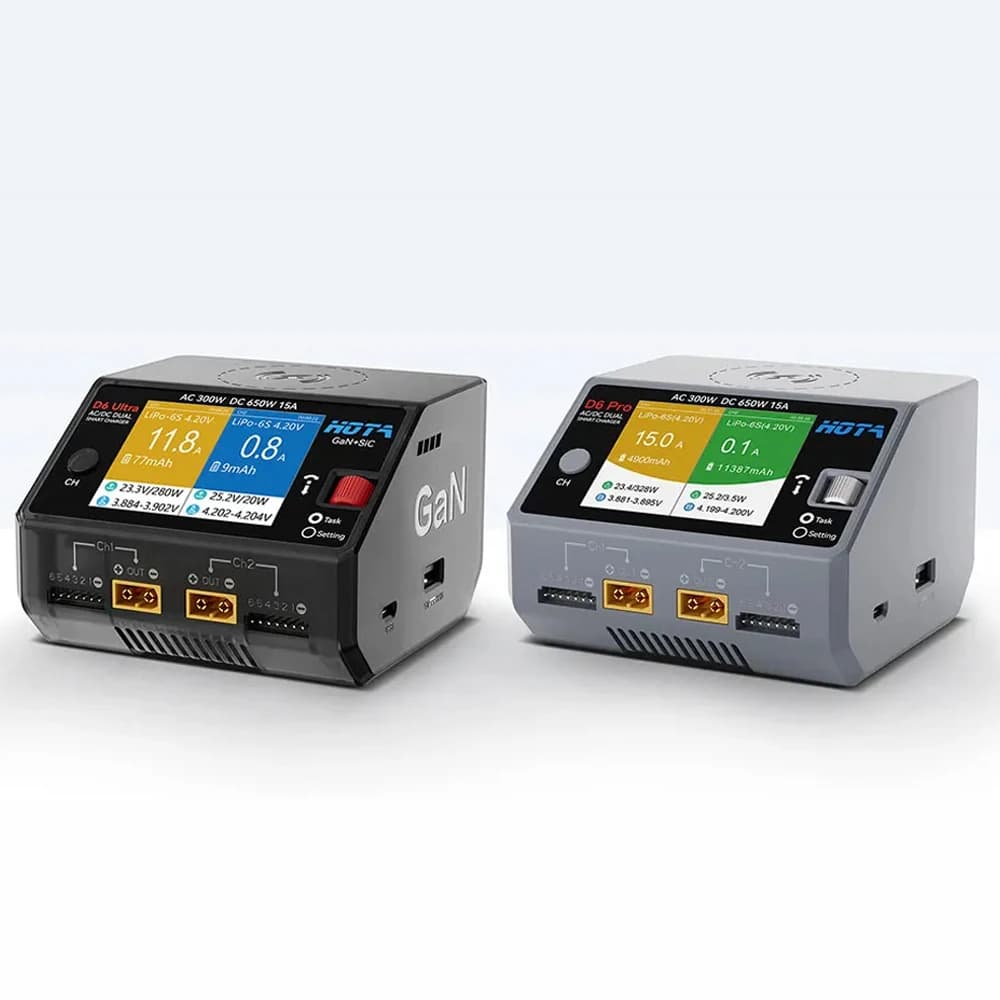HOTA D6 Ultra Dual-Channel Charger AC 300W/DC 650W (GaN+SiC) for 1-6S LiPo/LiHV/NiZn/NiCd/NiMH (XT60) FPV 6