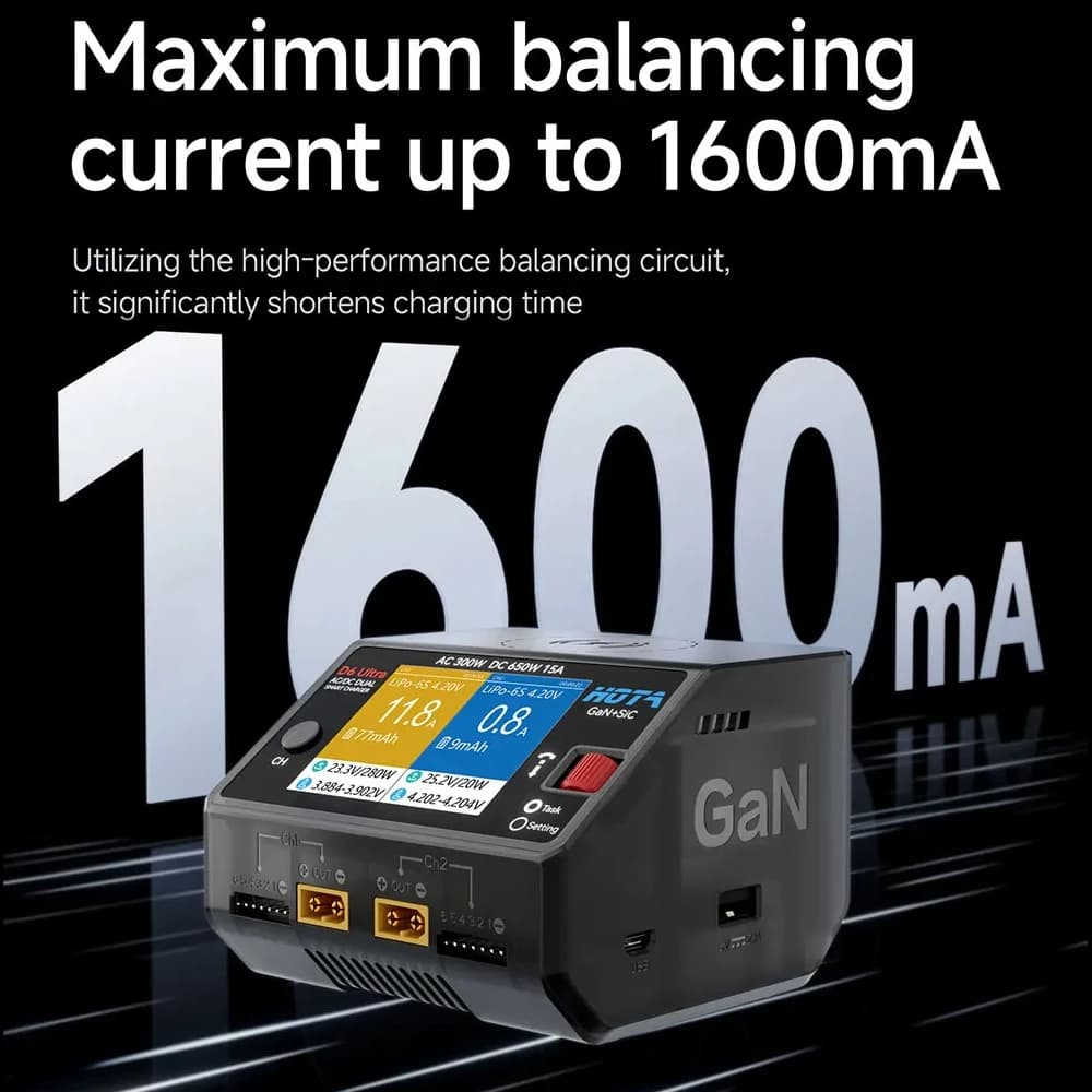 HOTA D6 Ultra Dual-Channel Charger AC 300W/DC 650W (GaN+SiC) for 1-6S LiPo/LiHV/NiZn/NiCd/NiMH (XT60) FPV 5