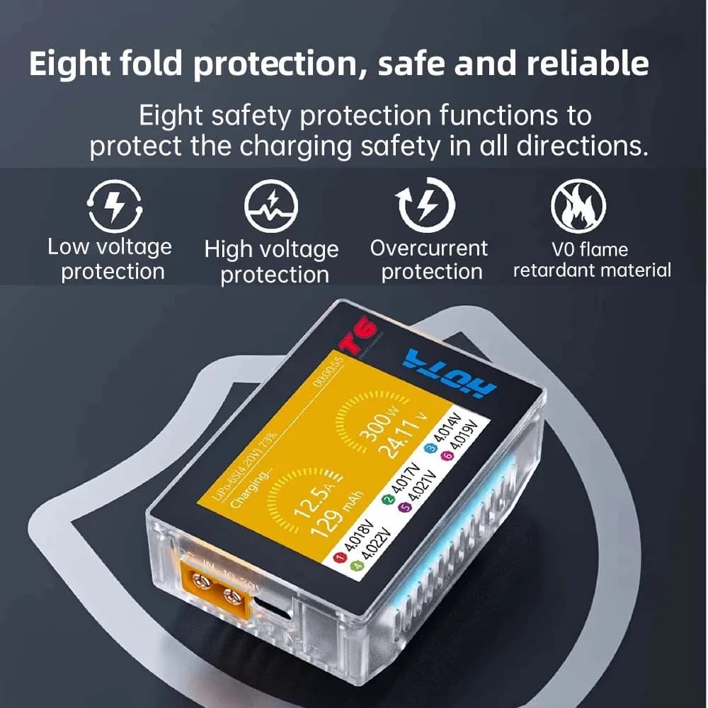 HOTA T6 Smart Charger  DC/PD Dual Input 300W 2.4IPS Supports XT60 and TYPE-C Interfaces Compatible  PD3.0 FPV RC Battery Charger 2