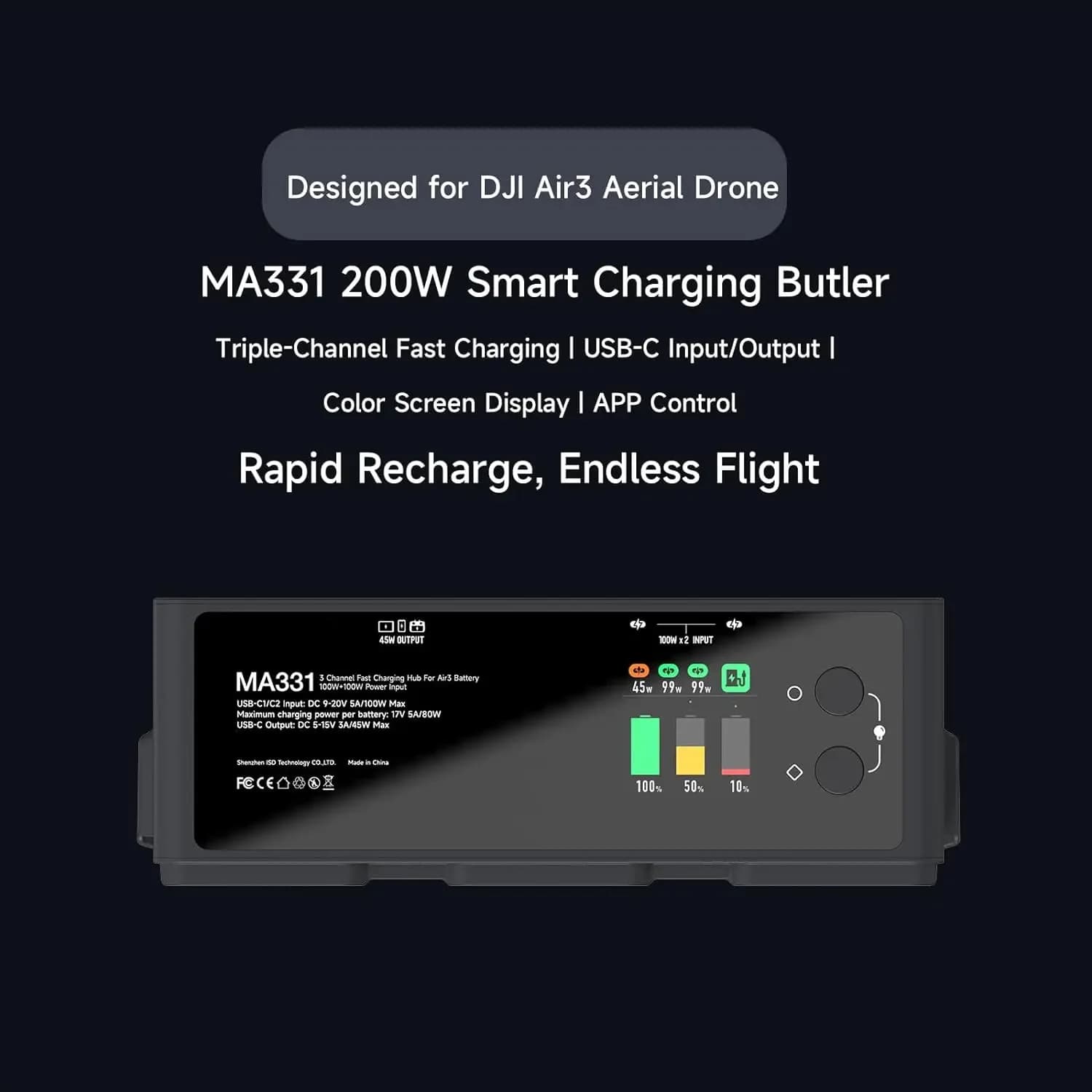 ISDT MA331 200W (Dual 100W) Smart Battery Fast Charging Butler USB Type-C Plug OTA Upgrades for DJI Air3 Aerial FPV Drone 4