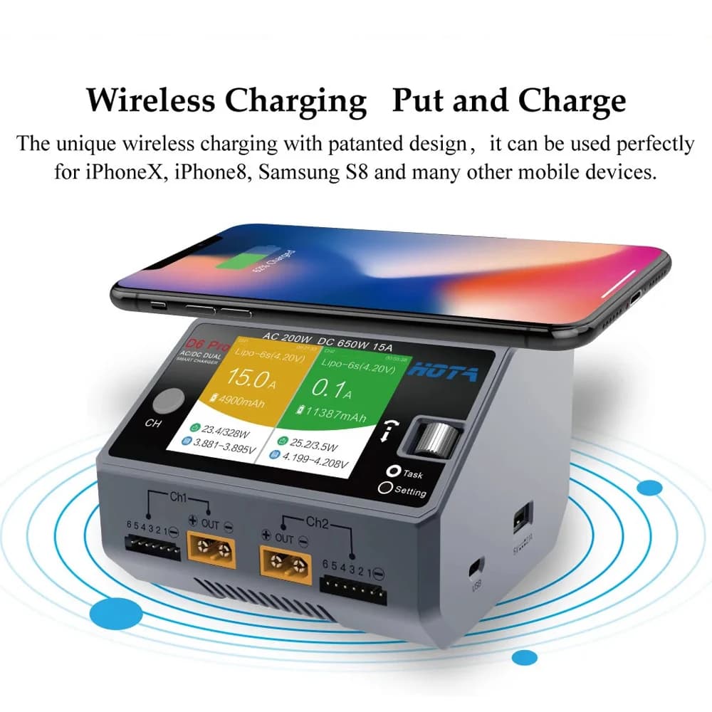 HOTA D6 Pro Smart Charger Dual Channel AC200W DC650W 15A, Supports LiPo/NiMH/NiCd/NiZn & Phone Charging for FPV Drone 5