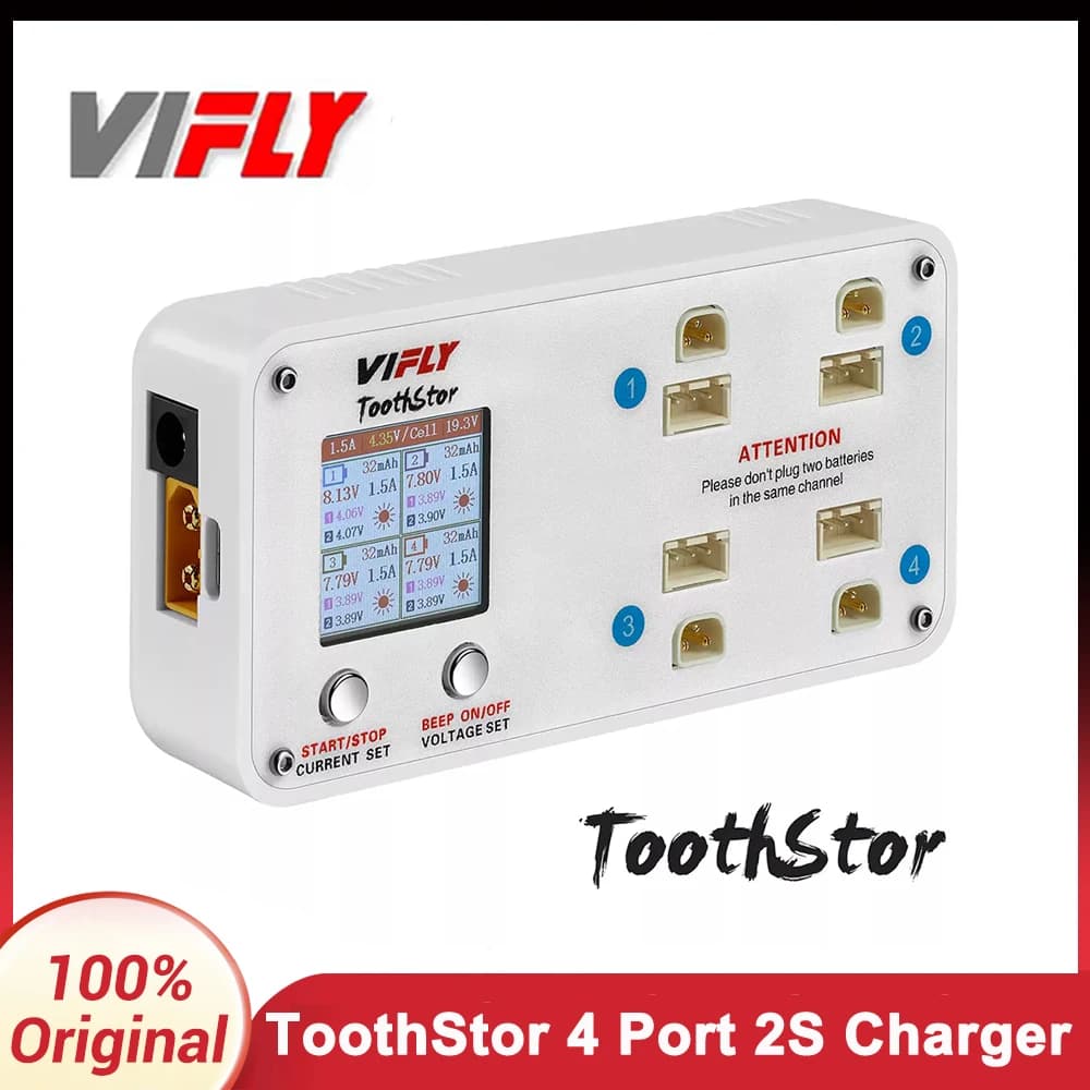 VIFLY ToothStor - 4 Port 2S Balance Charger with Storage Mode Supports BT 3.0 and XH2.54 For RC FPV Freestyle Racing Drone