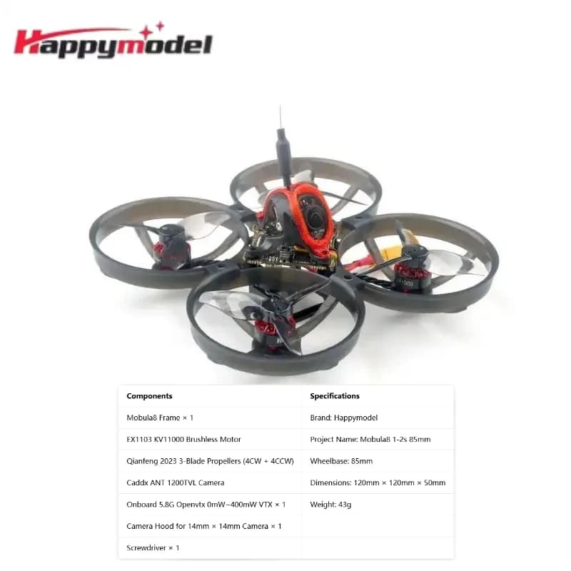 HappyModel Mobula8 1-2S 85mm Micro Whoop Drone X12 AIO FC Flight Controller 400mW OPENVTX Caddx Ant 1200TVL EX1103 KV11000
