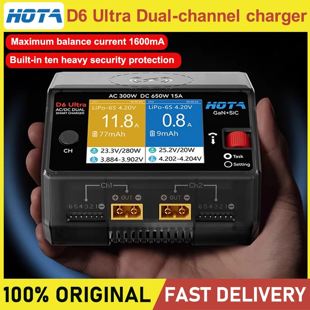 HOTA D6 Ultra Dual-Channel Charger AC 300W/DC 650W (GaN+SiC) for 1-6S LiPo/LiHV/NiZn/NiCd/NiMH (XT60) FPV