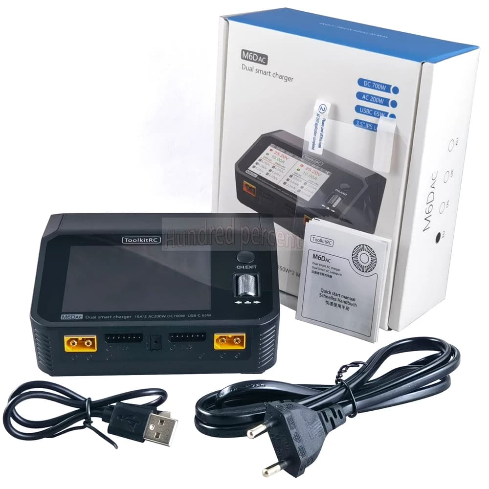 ToolkitRC M6DAC Dual Channel Smart Lipo Battery Charger Discharger AC 200W DC 350WX2 15A for 1-6S LiHV PD 65W 5