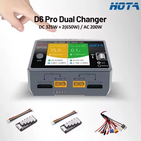 HOTA D6 Pro AC 200W DC 2X325W 2X15A Channel Smart Battery Charger Discharger Lipo Charger for Rc Drone Spare Parts-Grey/Black